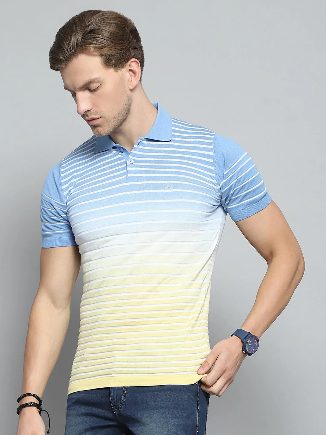 Men Blue Stripe Collar Half Sleeve T-Shirt sold by Monte Carlo product image thumbnail 3
