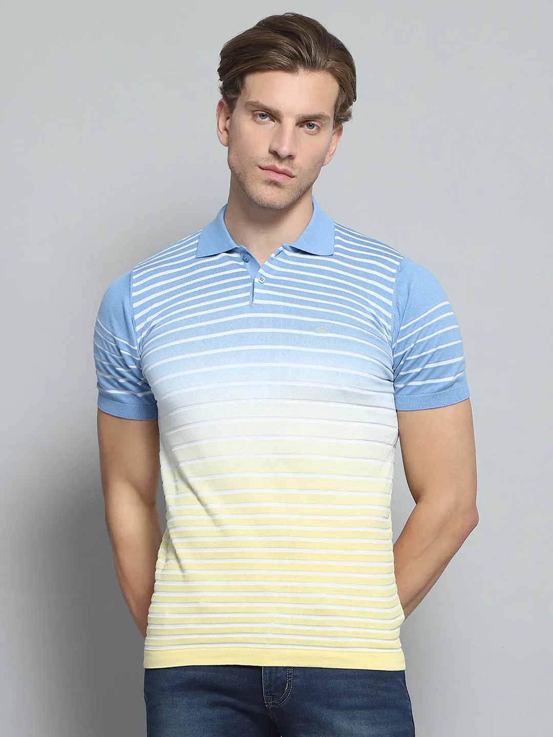 Men Blue Stripe Collar Half Sleeve T-Shirt sold by Monte Carlo