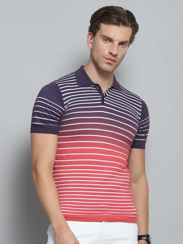 Men Purple Stripe Collar Half Sleeve T-Shirt made by Monte Carlo