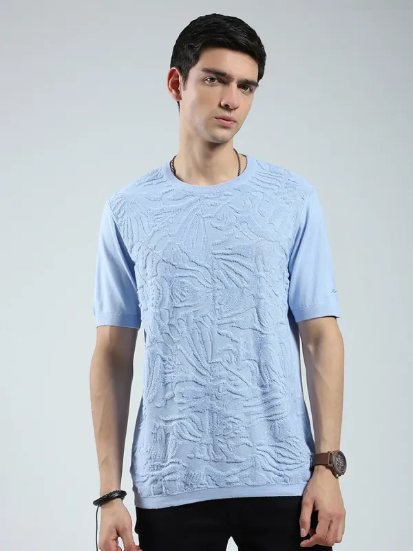 Men Blue Self Design Round Neck Half Sleeve T-Shirt sold by Monte Carlo