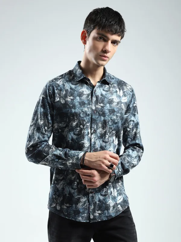Men Blue Printed Collar Full Sleeve Shirt sold by Monte Carlo