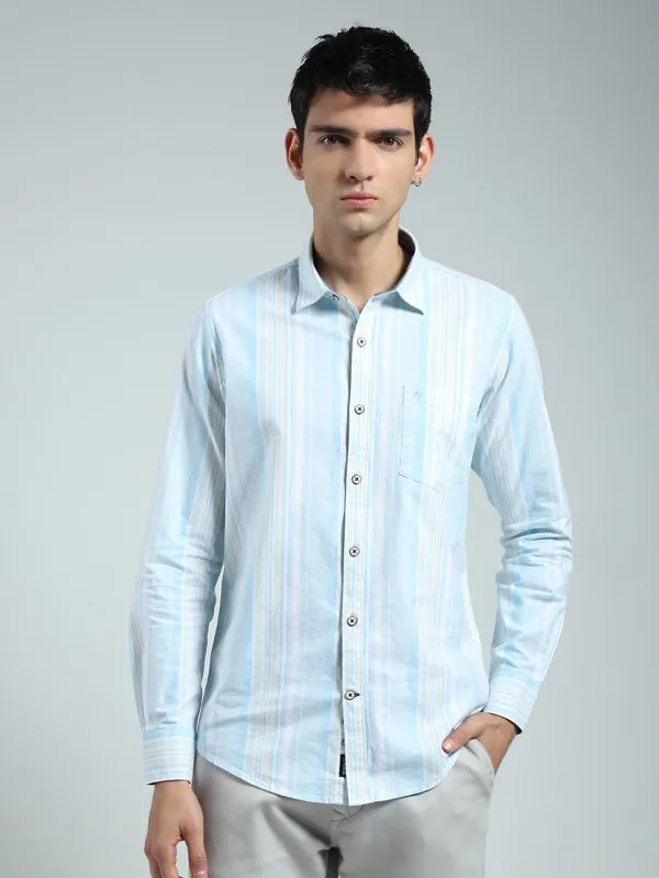 Men Blue Stripe Collar Full Sleeve Shirt sold by Monte Carlo