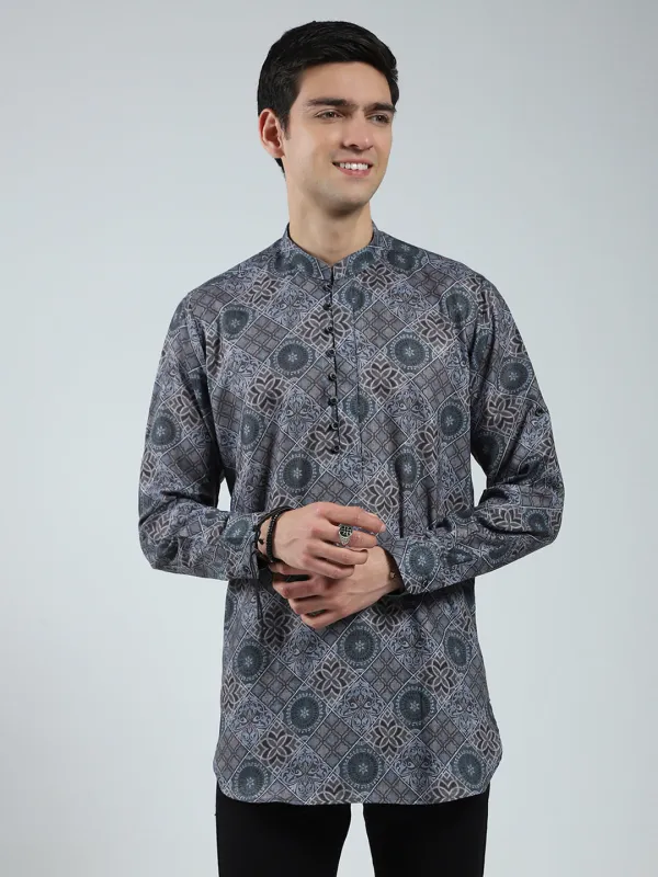 Men Green Printed Band Collar Full Sleeve Kurta sold by Monte Carlo