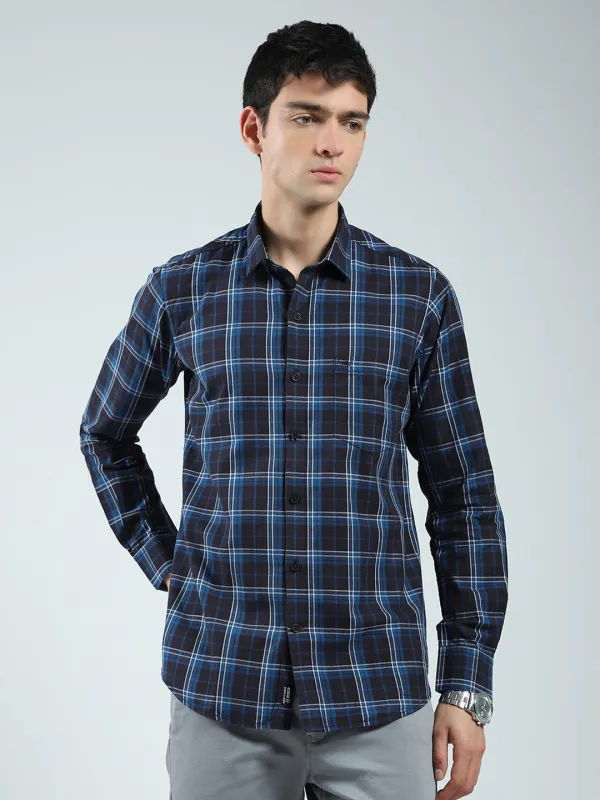 Men Navy Blue Check Collar Full Sleeve Shirt sold by Monte Carlo