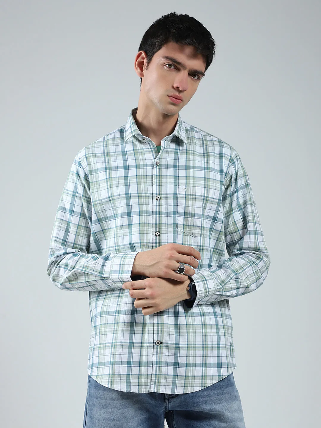 Men Green Check Collar Full Sleeve Shirt sold by Monte Carlo