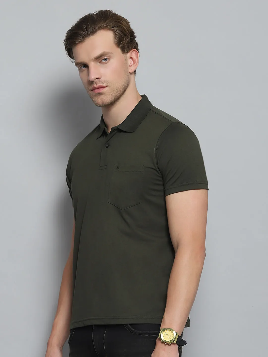 Men Olive Solid Collar Half Sleeve T-Shirt sold by Monte Carlo product image thumbnail 3