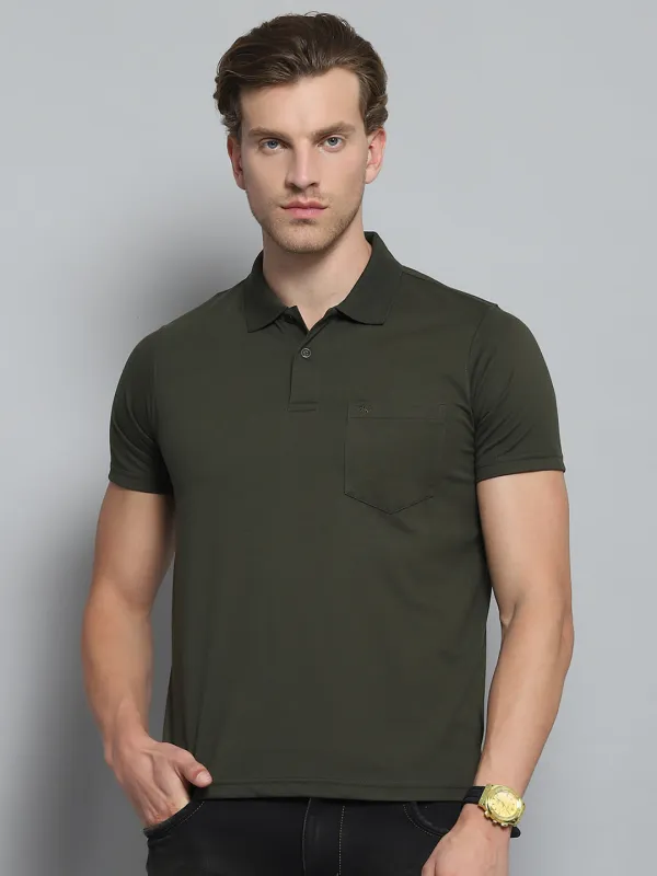 Men Olive Solid Collar Half Sleeve T-Shirt made by Monte Carlo