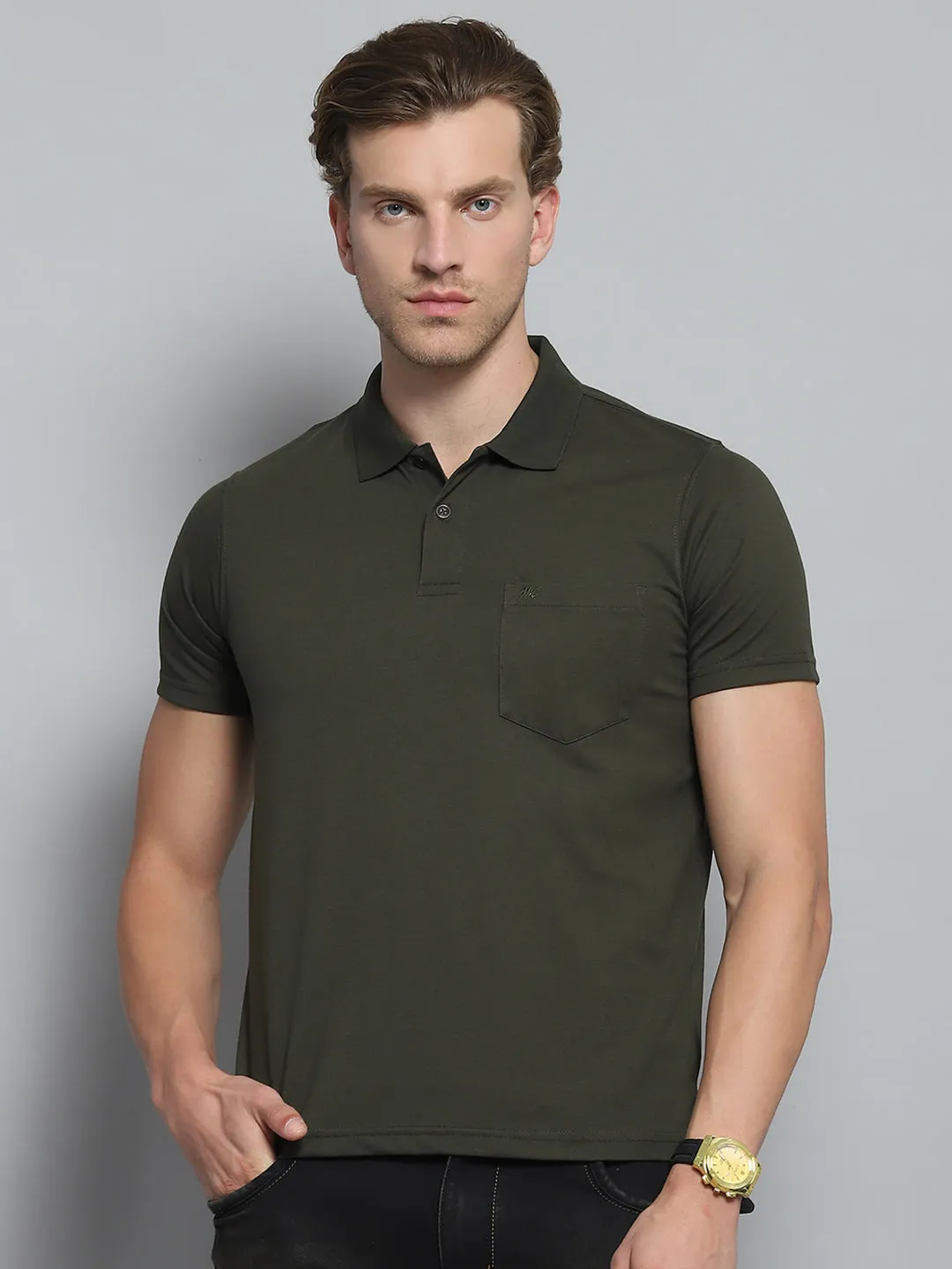 Men Olive Solid Collar Half Sleeve T-Shirt sold by Monte Carlo