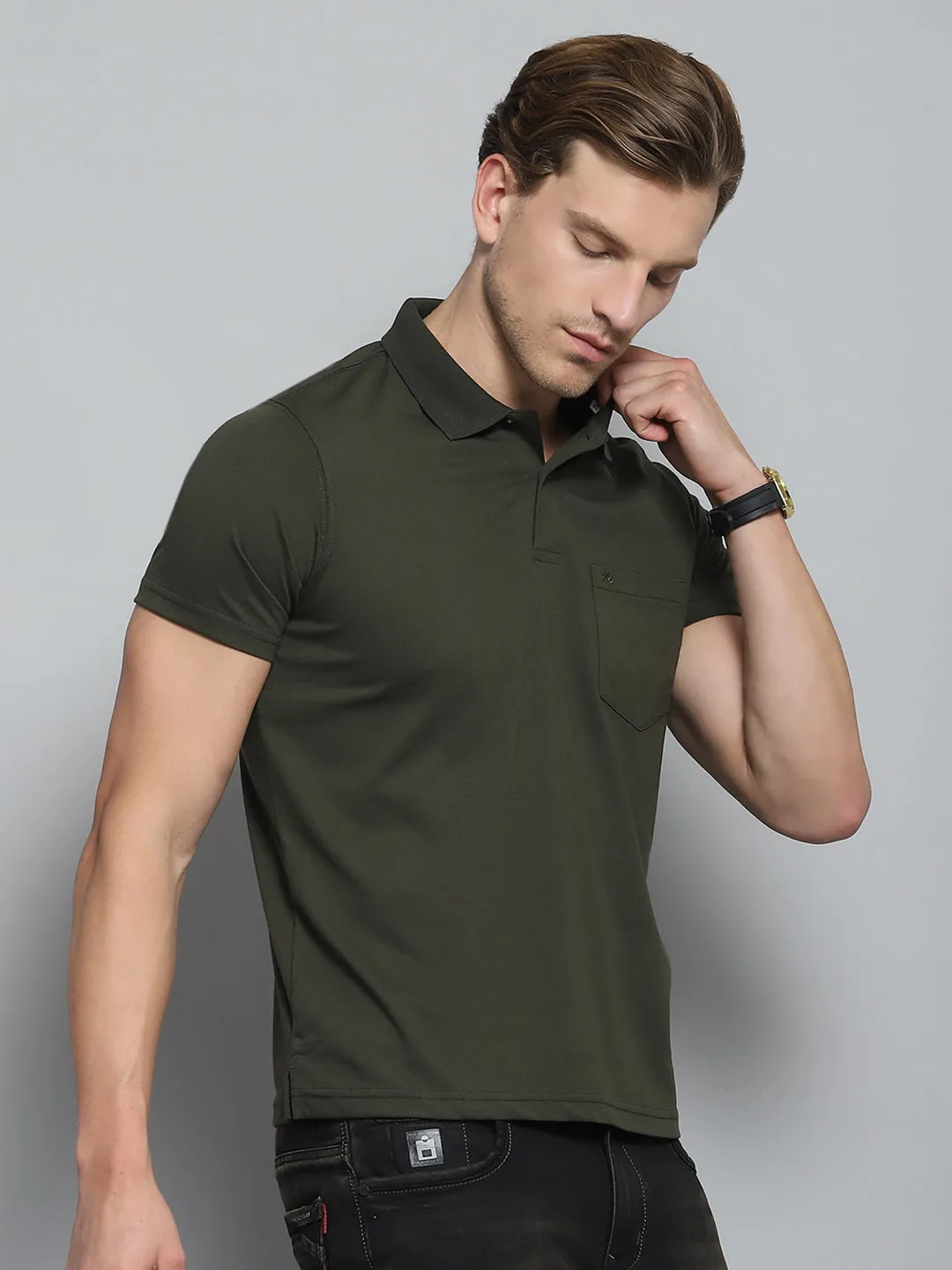 Men Olive Solid Collar Half Sleeve T-Shirt sold by Monte Carlo product image thumbnail 4