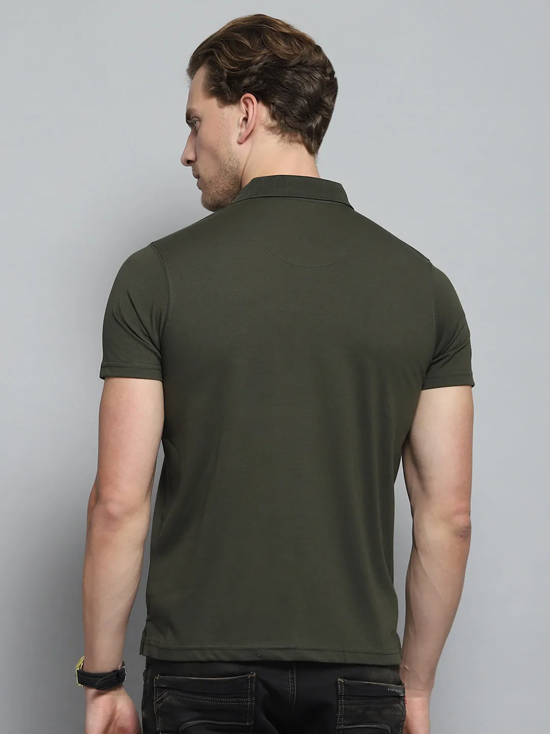 Men Olive Solid Collar Half Sleeve T-Shirt sold by Monte Carlo product image thumbnail 5