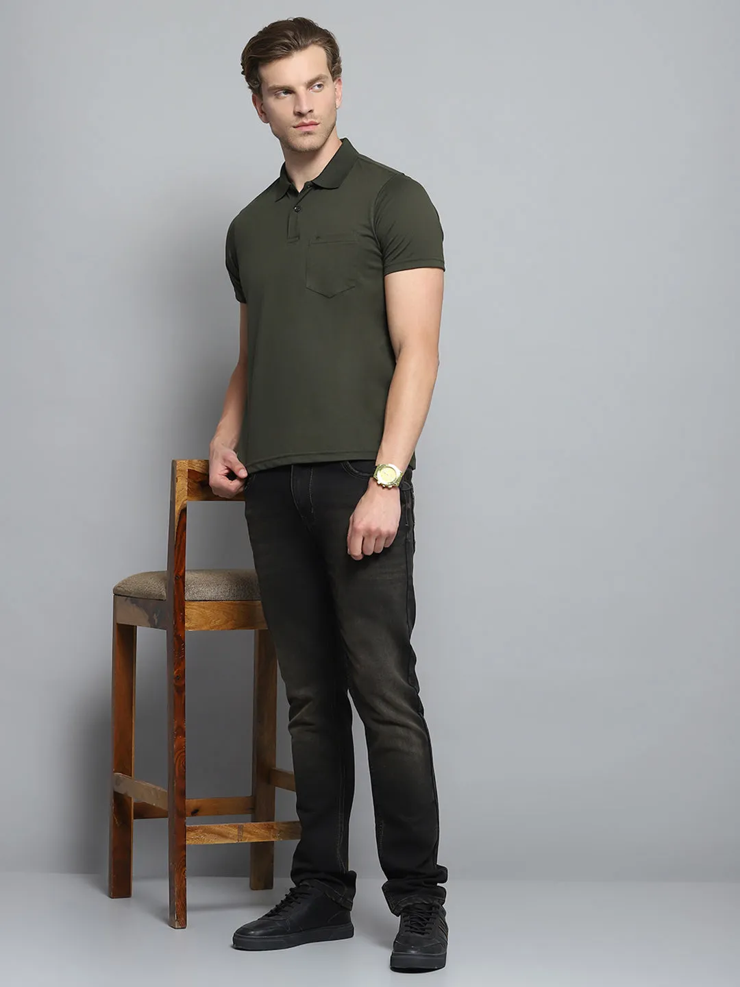 Men Olive Solid Collar Half Sleeve T-Shirt sold by Monte Carlo product image thumbnail 2