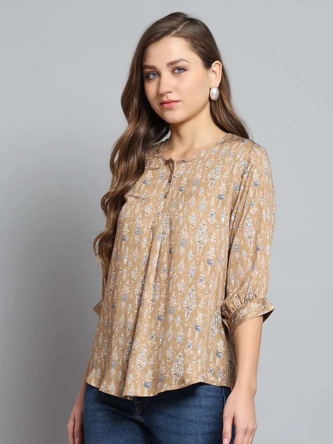 Women Khaki Printed Round Neck 3/4th Sleeve Top sold by Monte Carlo product image thumbnail 3