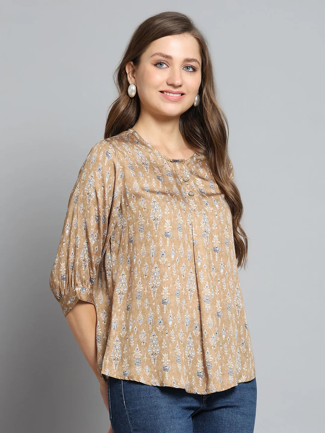 Women Khaki Printed Round Neck 3/4th Sleeve Top sold by Monte Carlo product image thumbnail 4