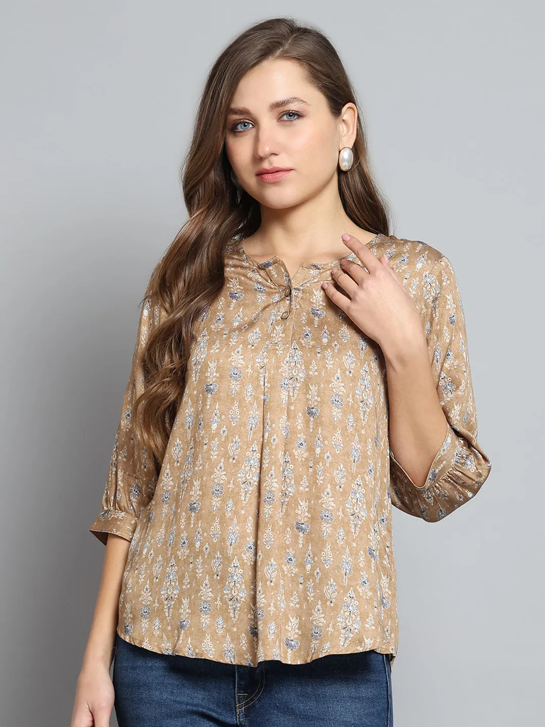Women Khaki Printed Round Neck 3/4th Sleeve Top sold by Monte Carlo