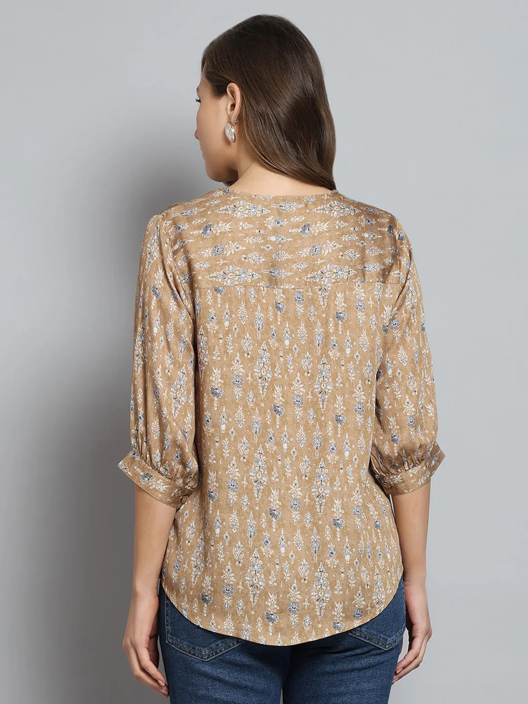 Women Khaki Printed Round Neck 3/4th Sleeve Top sold by Monte Carlo product image thumbnail 5