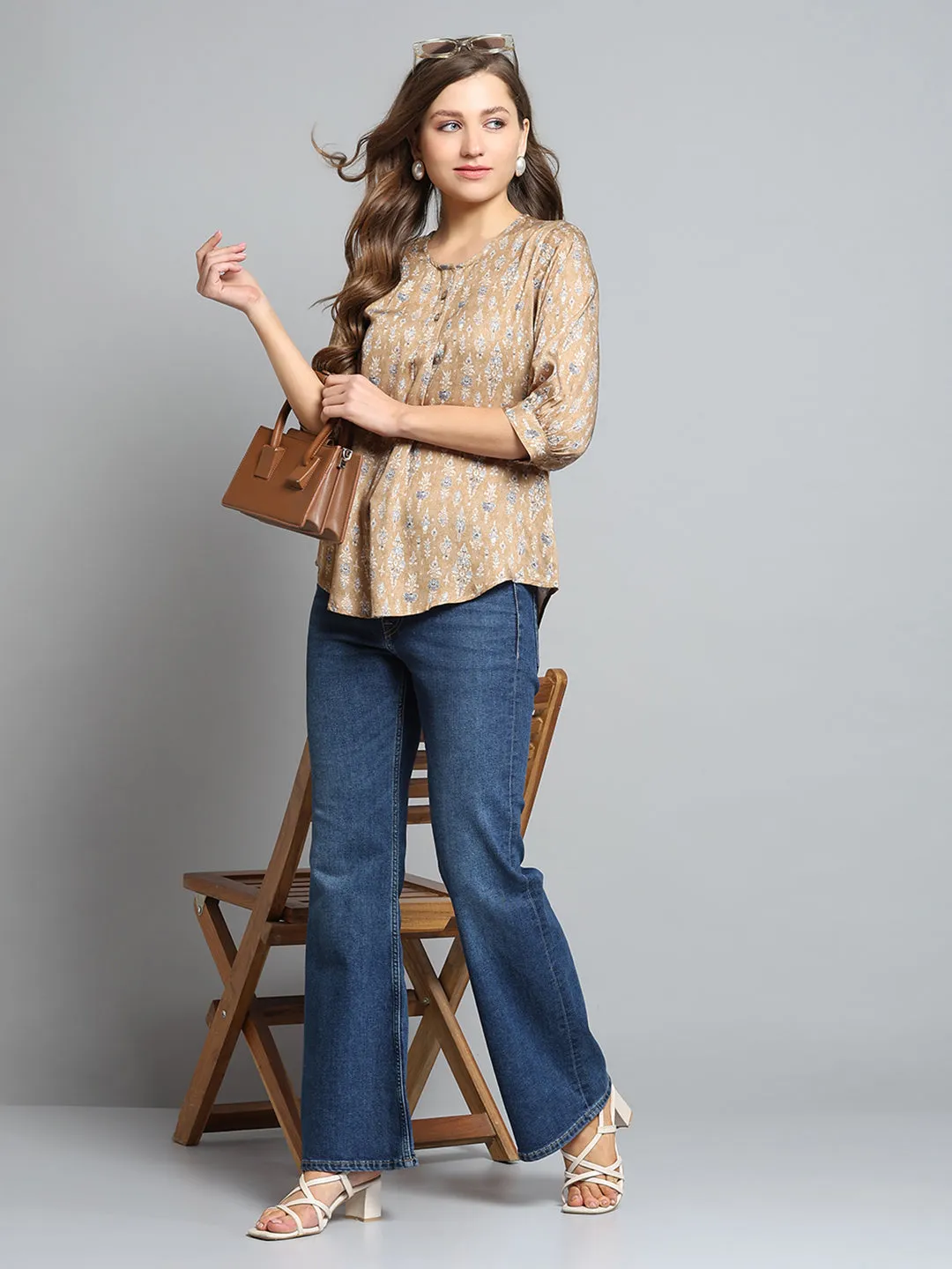 Women Khaki Printed Round Neck 3/4th Sleeve Top sold by Monte Carlo product image thumbnail 2