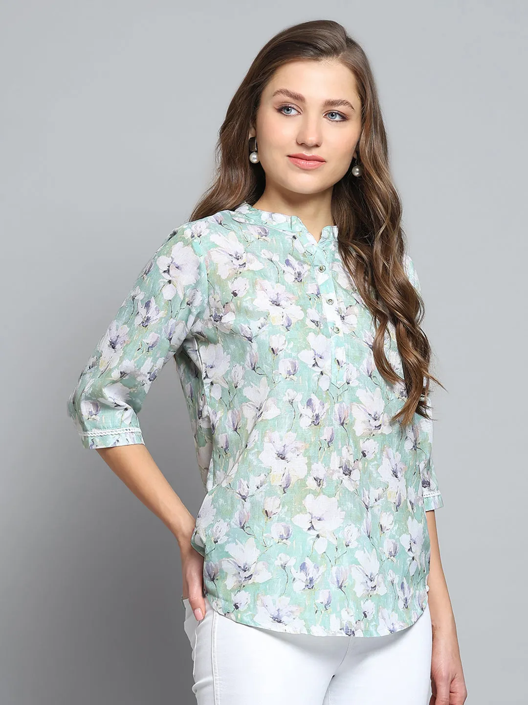 Women Green Printed Round Neck 3/4th Sleeve Top sold by Monte Carlo product image thumbnail 4