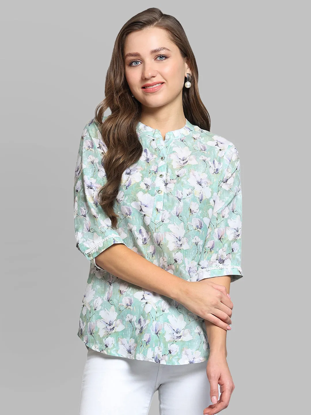 Women Green Printed Round Neck 3/4th Sleeve Top sold by Monte Carlo