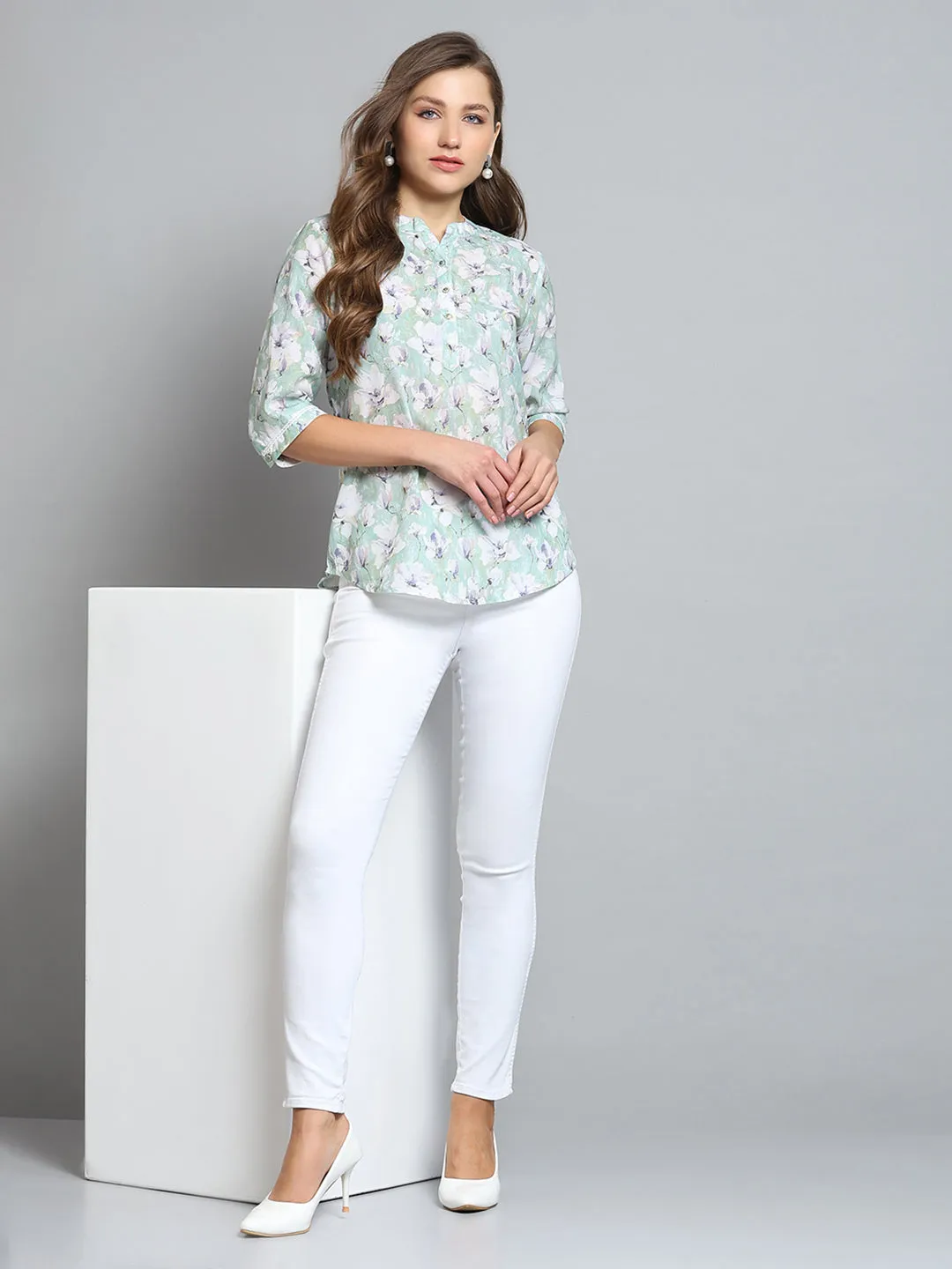 Women Green Printed Round Neck 3/4th Sleeve Top sold by Monte Carlo product image thumbnail 2