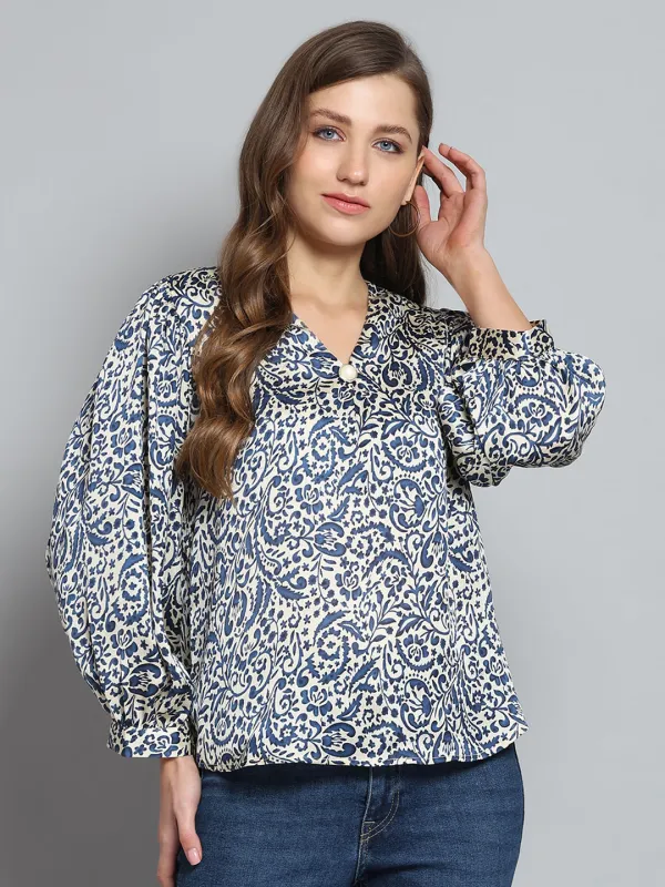 Women Blue Printed V Neck Full Sleeve Top sold by Monte Carlo