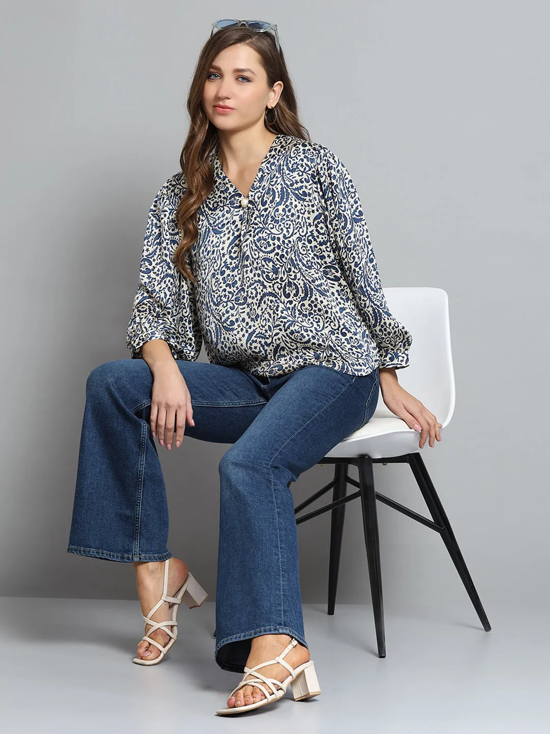 Women Blue Printed V Neck Full Sleeve Top sold by Monte Carlo product image thumbnail 2