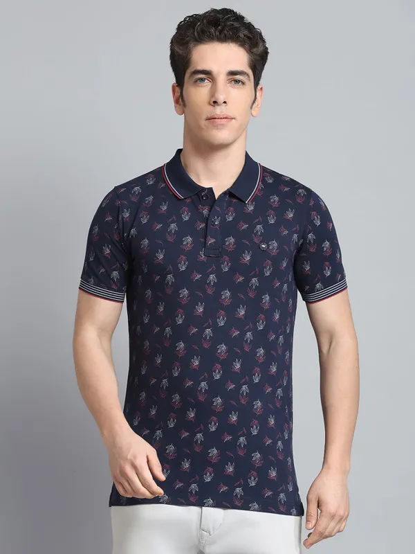 Men Navy Blue Printed Collar Half Sleeve T-Shirt made by Monte Carlo