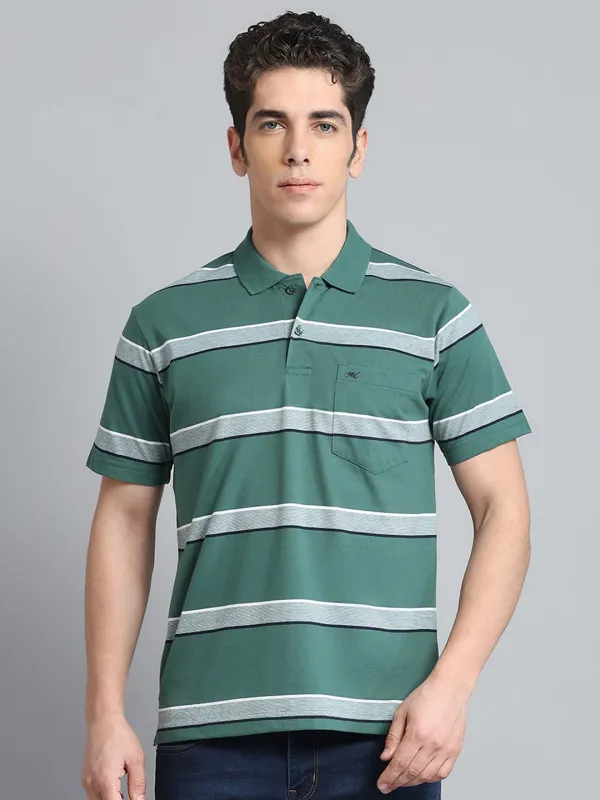 Men Green Stripe Collar Half Sleeve T-Shirt made by Monte Carlo