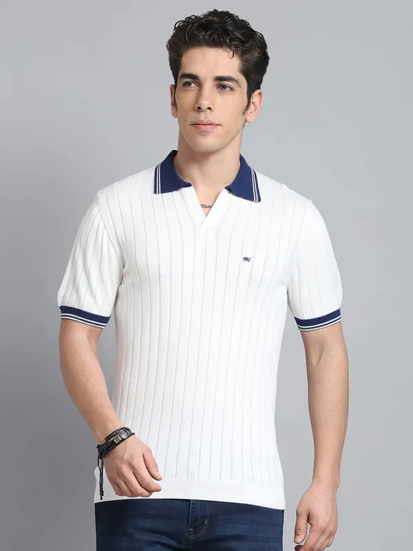 Men Off White Self Design Collar Half Sleeve T-Shirt made by Monte Carlo