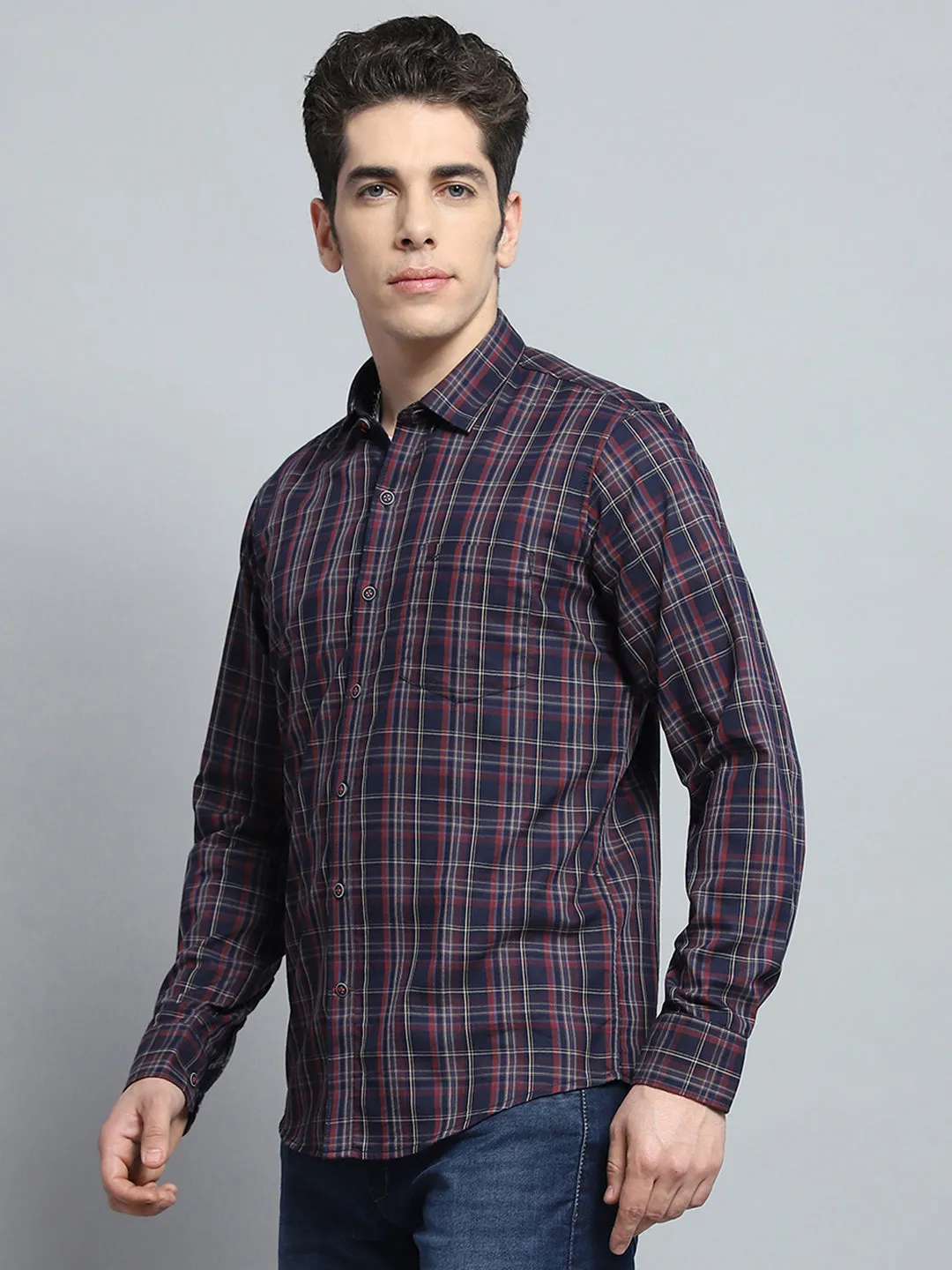 Men Navy Blue Check Collar Full Sleeve Shirt sold by Monte Carlo product image thumbnail 3