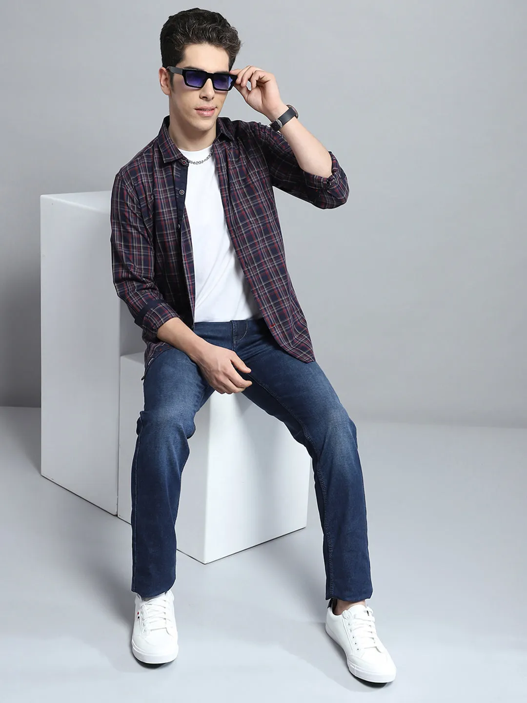 Men Navy Blue Check Collar Full Sleeve Shirt sold by Monte Carlo product image thumbnail 2