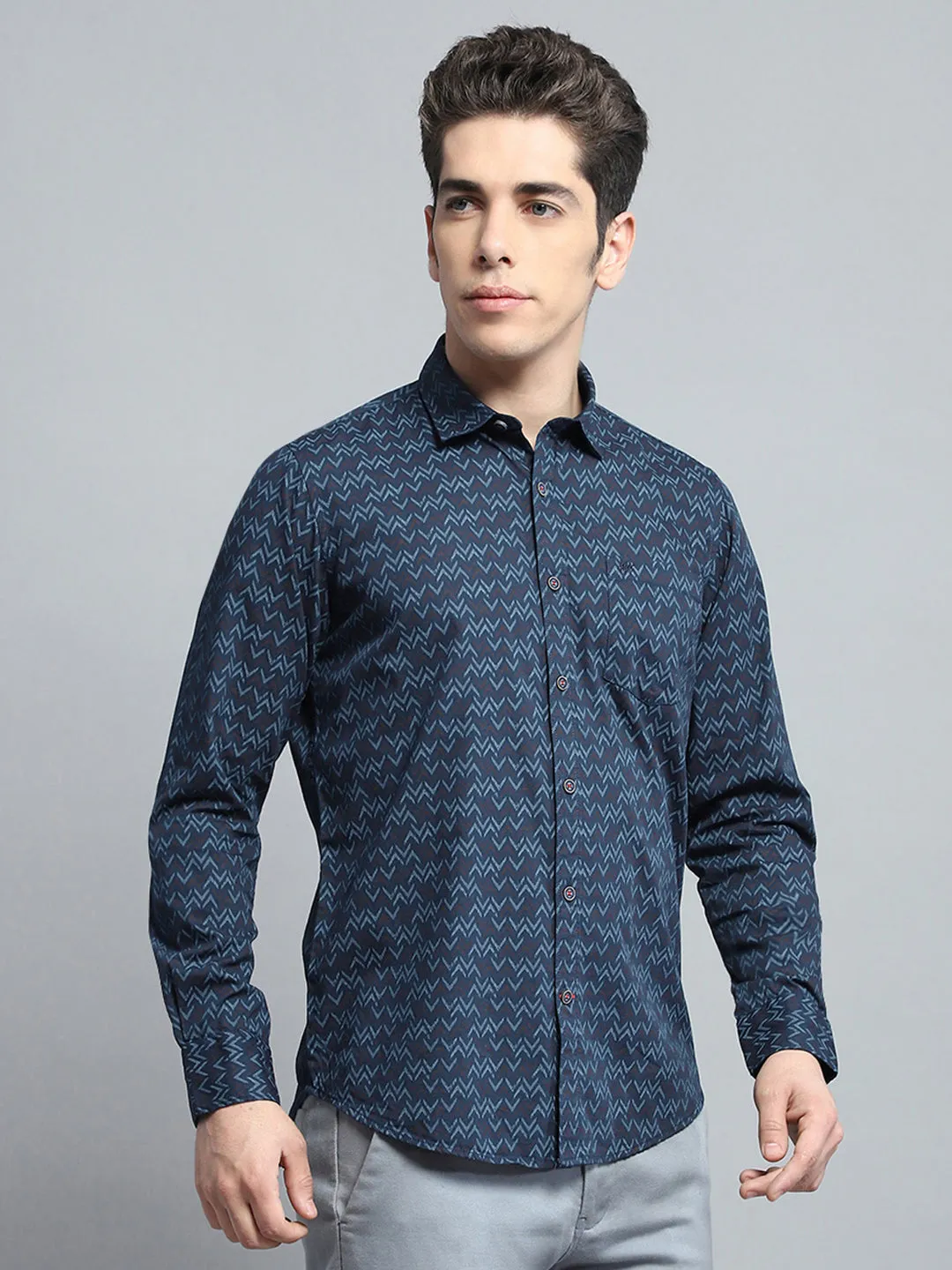 Men Navy Blue Printed Collar Full Sleeve Shirt sold by Monte Carlo product image thumbnail 4