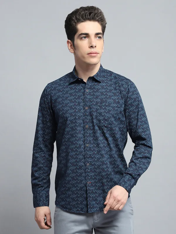 Men Navy Blue Printed Collar Full Sleeve Shirt sold by Monte Carlo