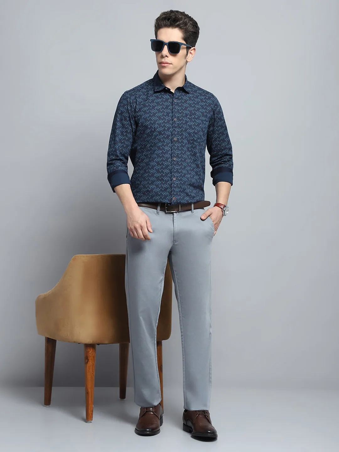 Men Navy Blue Printed Collar Full Sleeve Shirt sold by Monte Carlo product image thumbnail 2