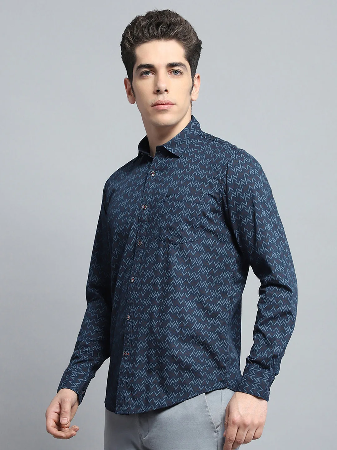Men Navy Blue Printed Collar Full Sleeve Shirt sold by Monte Carlo product image thumbnail 3