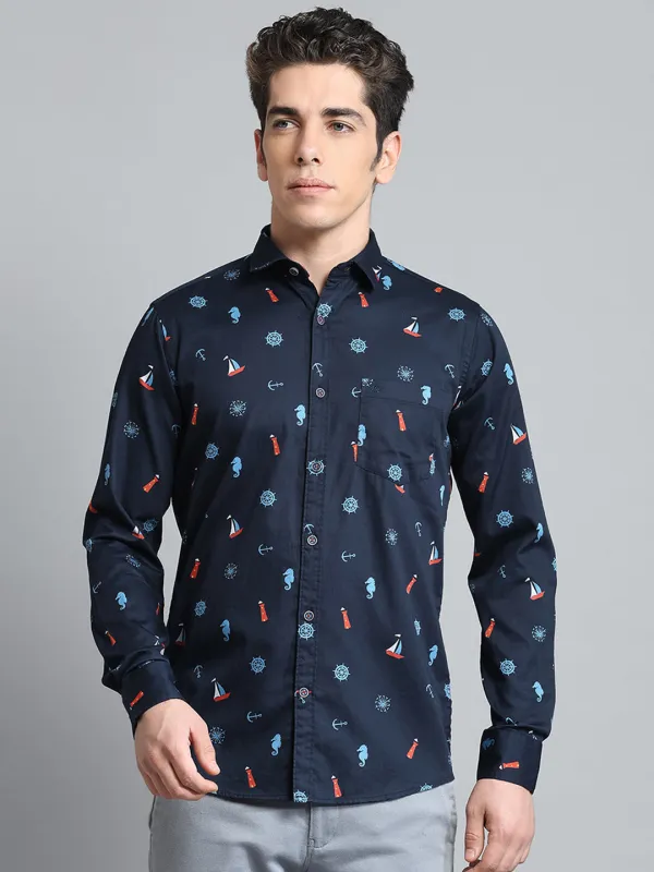 Men Navy Blue Printed Collar Full Sleeve Shirt sold by Monte Carlo