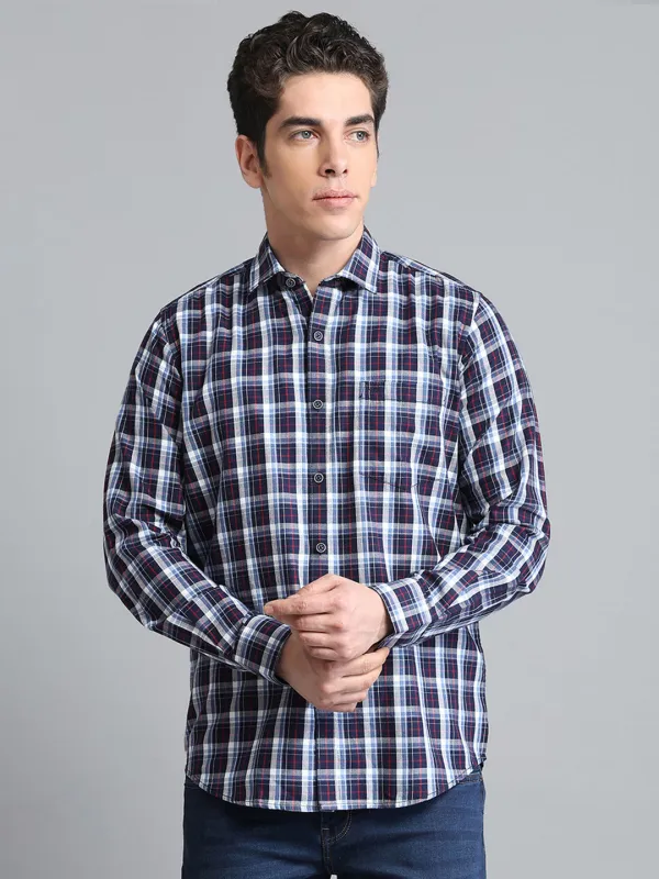 Men Navy Blue Check Collar Full Sleeve Shirt sold by Monte Carlo