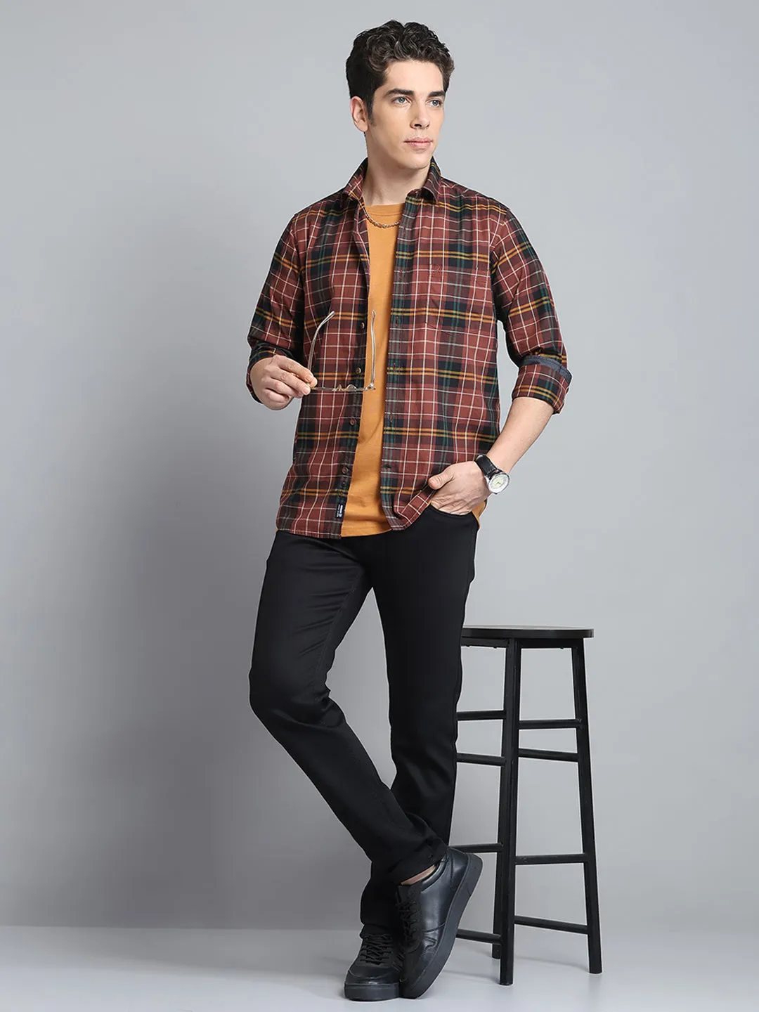 Men Brown Check Collar Full Sleeve Shirt sold by Monte Carlo product image thumbnail 2