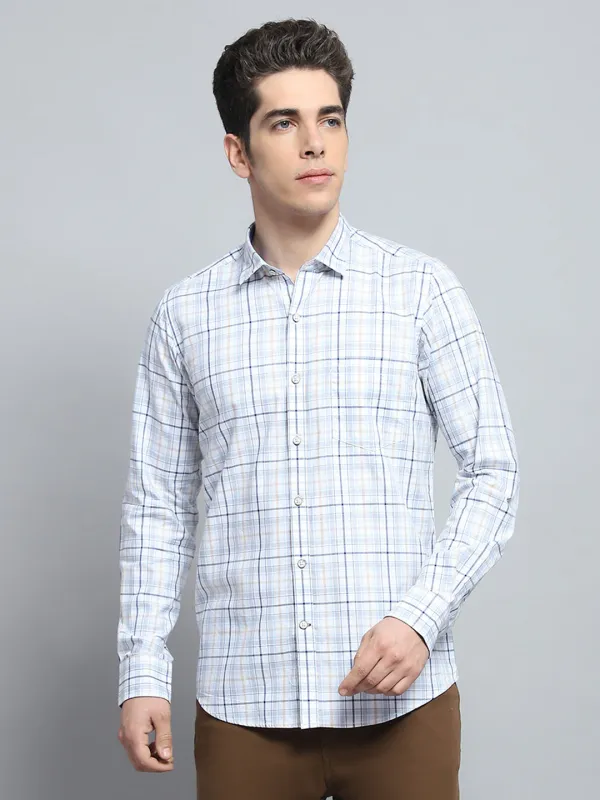 Men White Check Collar Full Sleeve Shirt sold by Monte Carlo