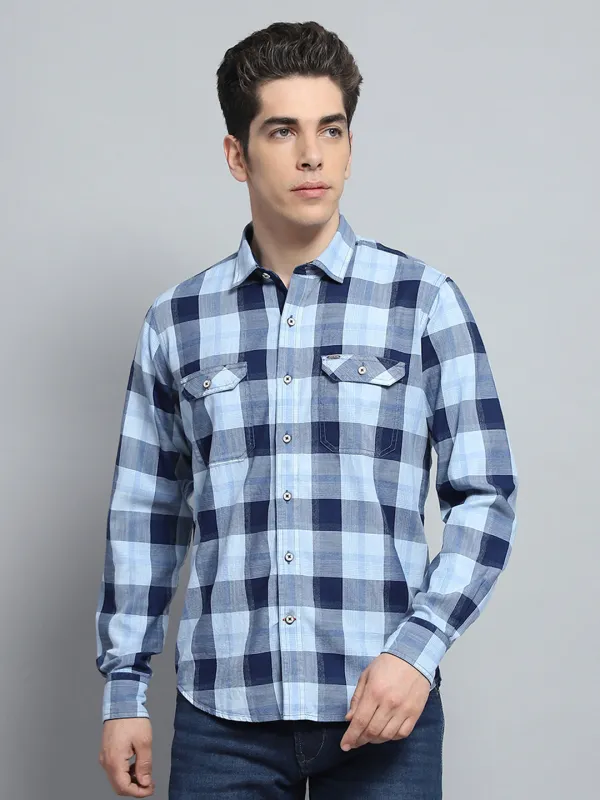 Men Blue Check Collar Full Sleeve Shirt sold by Monte Carlo