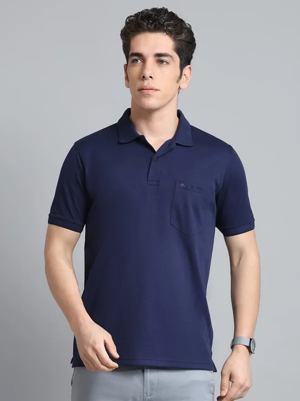 Men Navy Blue Solid Collar Half Sleeve T-Shirt made by Monte Carlo