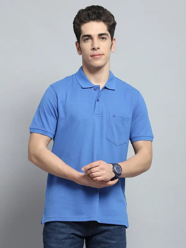 Men Blue Solid Collar Half Sleeve T-Shirt made by Monte Carlo