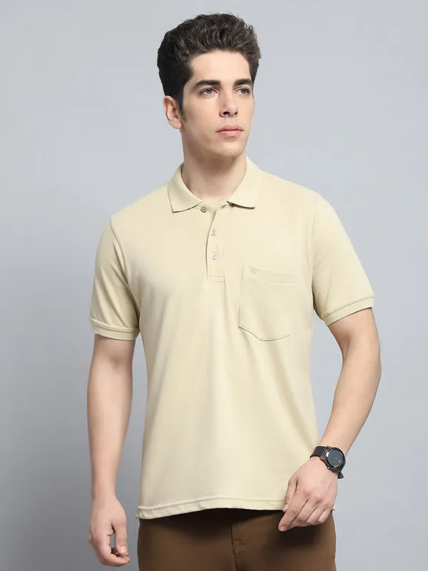Men Beige Solid Collar Half Sleeve T-Shirt made by Monte Carlo