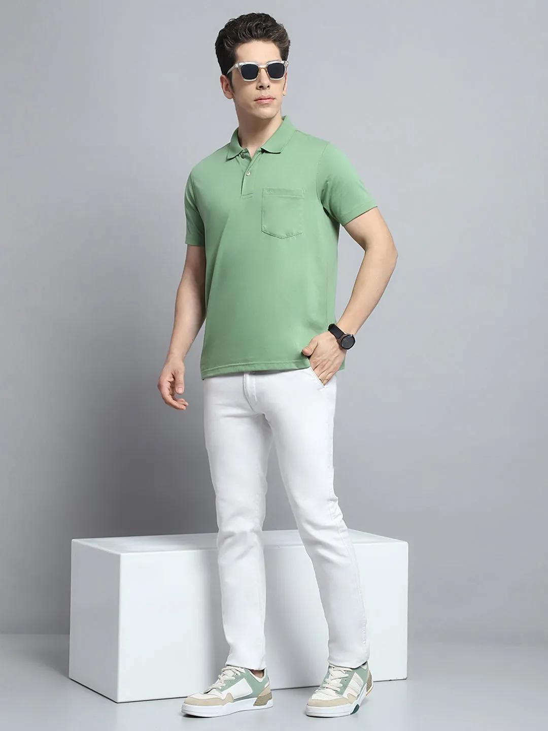 Men Green Solid Collar Half Sleeve T-Shirt sold by Monte Carlo product image thumbnail 2