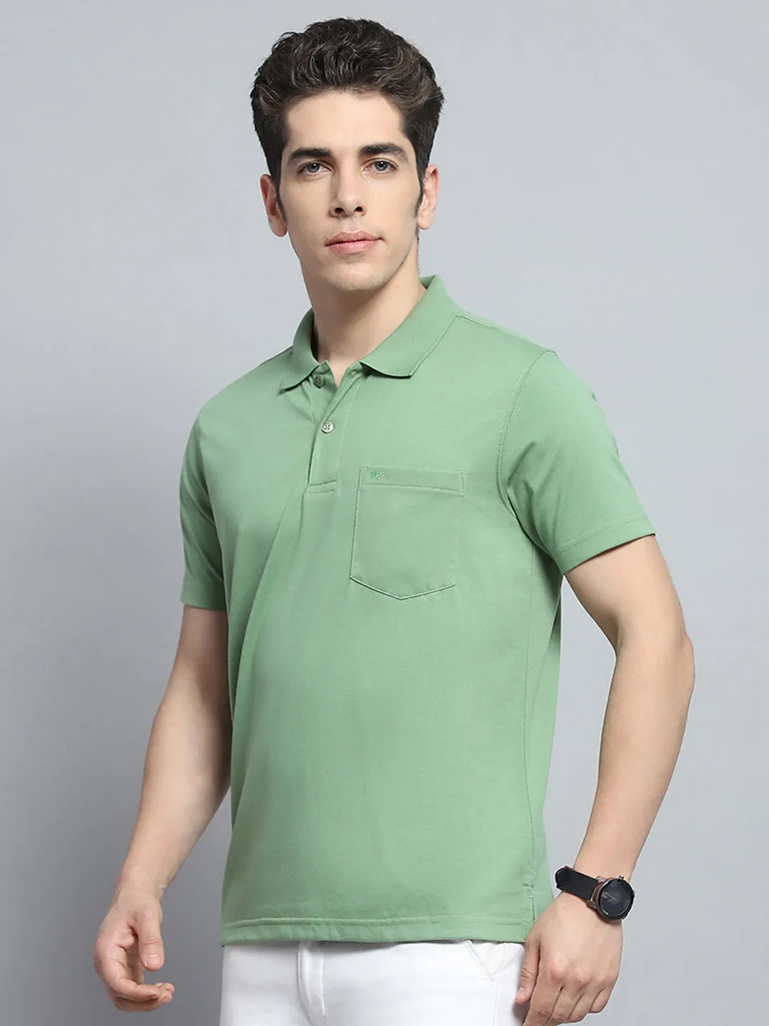 Men Green Solid Collar Half Sleeve T-Shirt sold by Monte Carlo product image thumbnail 3