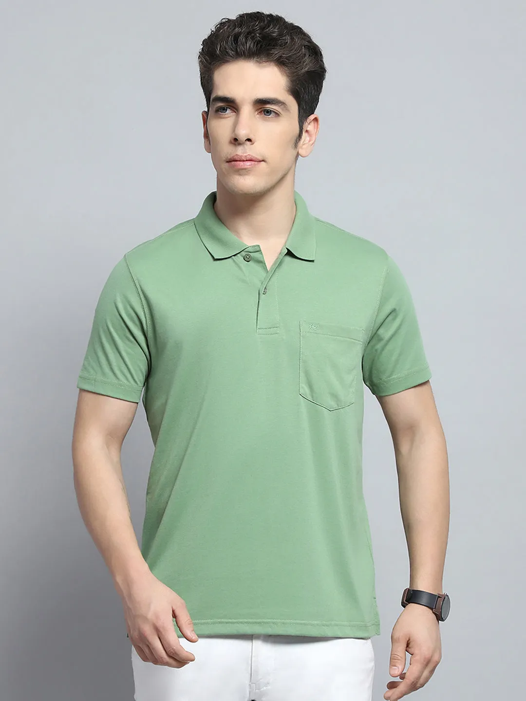 Men Green Solid Collar Half Sleeve T-Shirt sold by Monte Carlo