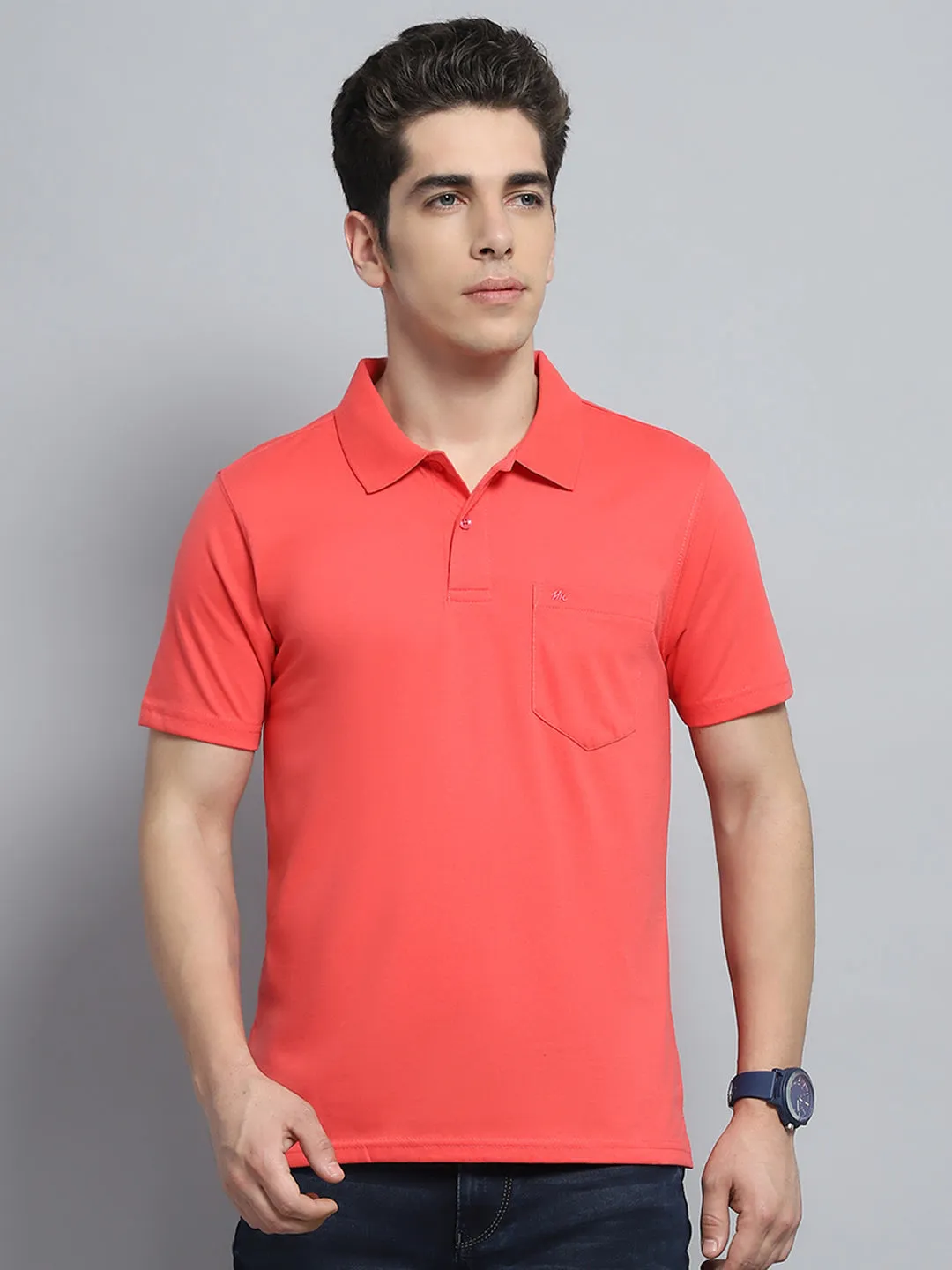 Men Pink Solid Collar Half Sleeve T-Shirt sold by Monte Carlo