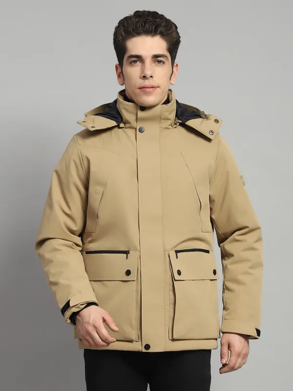 Men Camel Brown Solid Hooded Full Sleeve Jacket sold by Monte Carlo