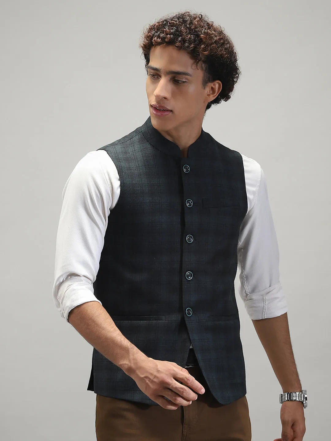 Men Green Solid Band Collar Sleeveless Nehru Jacket sold by Monte Carlo