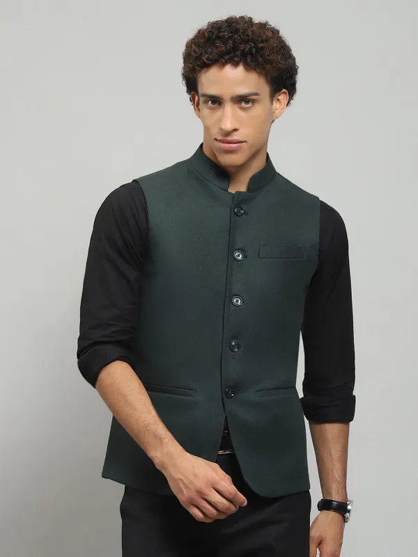 Men Green Solid Band Collar Sleeveless Nehru Jacket sold by Monte Carlo
