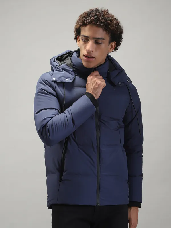 Men Navy Blue Solid Hooded Full Sleeve Jacket sold by Monte Carlo